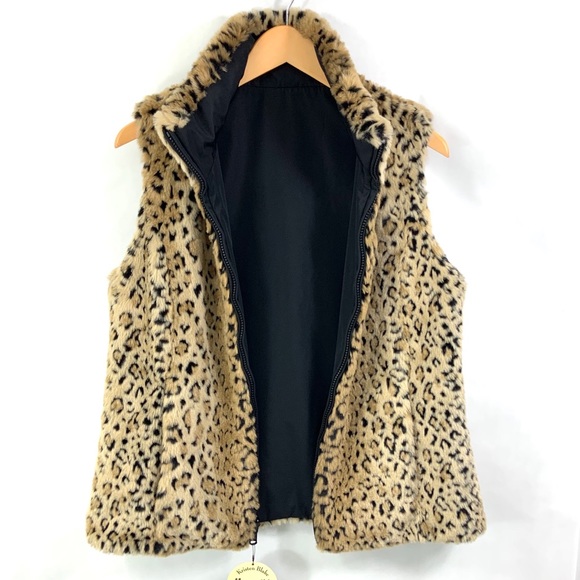 KRISTEN BLAKE Vest Small Black Reversible Zip Up Faux Leopard Fur Vest J1 - Picture 4 of 5